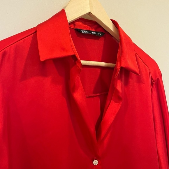 Satin Blouse Zara Relaxed Fit Polyester Primary Red Office Small Office Siren - Picture 9 of 11
